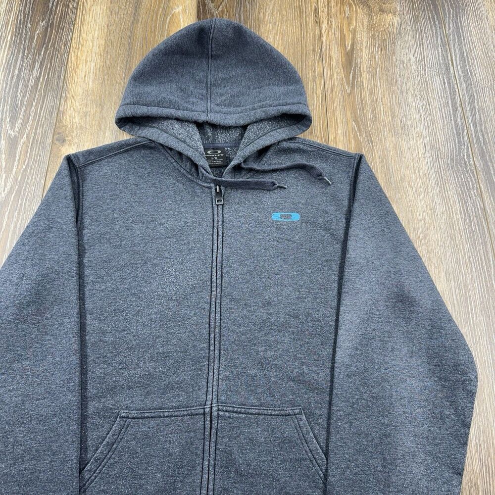 Vintage Oakley Hoodie Mens L Gray Sweatshirt Sunglasses Spellout Zip Up Sweater